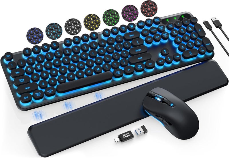 Trueque Wireless Keyboard and Mouse Backlit - Typewriter Keyboard with Magnetic Wrist Rest, Retro Round Keycaps, Light Up Letters, 2.4GHz Cordless Combo for Mac, Windows, PC, Laptop, [Upgraded] - Image 1